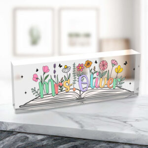 Personalized Floral Open Book Teacher Desk Name Plate