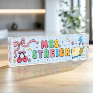 Personalized Blue Bow Cherry Teacher Desk Name Plate