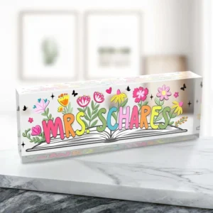 Personalized Floral Book Teacher Desk Name Plate