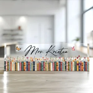 Personalized Vintage Bookshelf Butterfly Teacher Desk Name Plate
