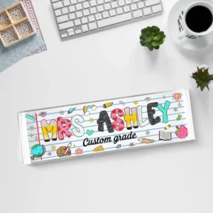 Personalized Colorful School Doodle Custom Grade Desk Name Plate