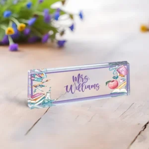 Personalized Purple Watercolor School Supplies Desk Name Plate