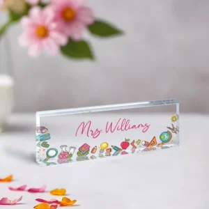 Personalized Red Floral School Supplies Desk Name Plate