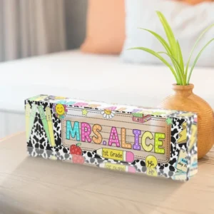 Personalized Cow Print First Grade Teacher Desk Name Plate