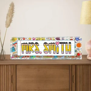 Personalized Bold Colorful School Doodle Teacher Desk Name Plate