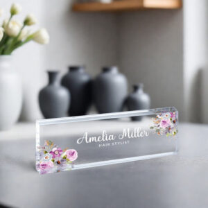 Personalized Pink Floral Hairstylist Desk Name Plate