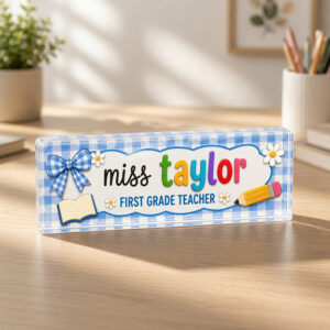 Personalized Blue Gingham First Grade Teacher Desk Name Plate
