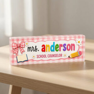 Personalized Pink Gingham School Counselor Desk Name Plate