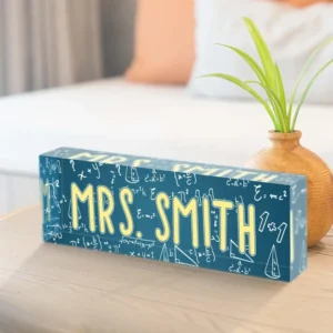 Personalized Blue Chalkboard Math Teacher Desk Name Plate
