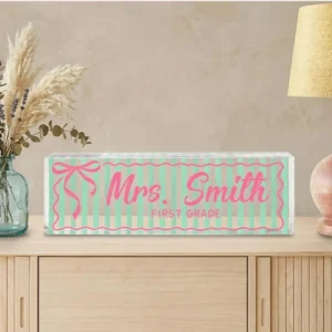 Personalized Pink Bow First Grade Teacher Desk Name Plate