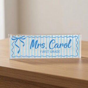 Personalized Blue Bow First Grade Teacher Desk Name Plate