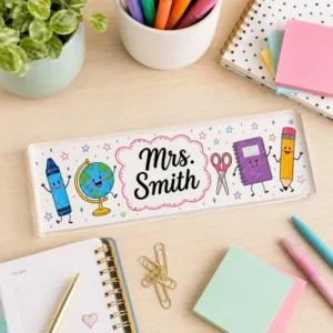 Personalized Globe and School Supplies Teacher Desk Name Plate