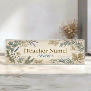 Personalized Sage Botanical Leaves Teacher Desk Name Plate