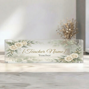 Personalized Elegant White Floral Teacher Desk Name Plate