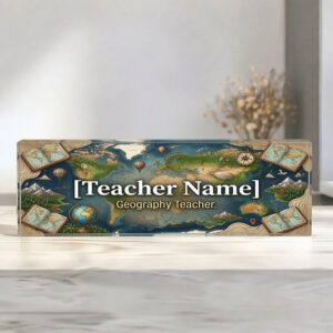 Personalized Vintage World Map Geography Teacher Desk Name Plate