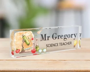 Personalized Cute Science Books and Apple Teacher Desk Name Plate