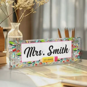 Personalized Colorful School Supplies First Grade Teacher Desk Name Plate