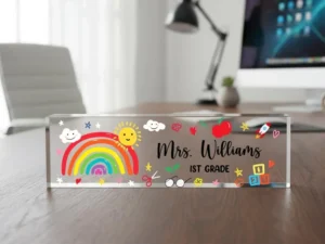 Personalized Rainbow School Doodles First Grade Teacher Desk Name Plate