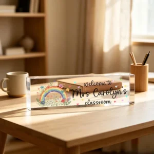 Personalized Boho Rainbow Floral Classroom Teacher Desk Name Plate