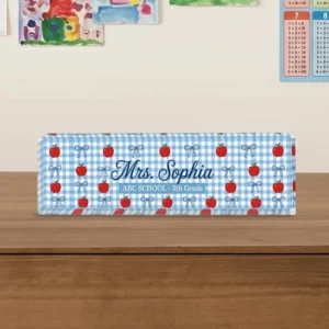Personalized Red Apple Gingham Teacher Desk Name Plate