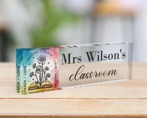 Personalized Watercolor Books and Pencil Teacher Desk Name Plate