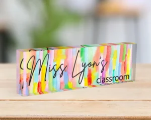 Personalized Rainbow Watercolor Classroom Teacher Desk Name Plate