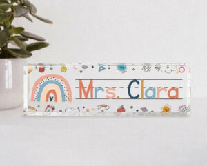 Personalized Boho Rainbow School Doodles Teacher Desk Name Plate