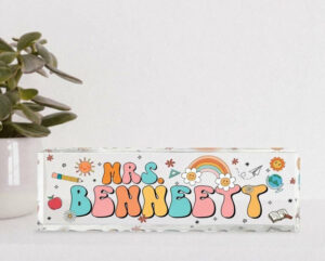 Personalized Retro Rainbow School Doodles Teacher Desk Name Plate