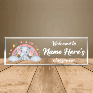 Personalized Cute Elephant Rainbow Classroom Teacher Desk Name Plate