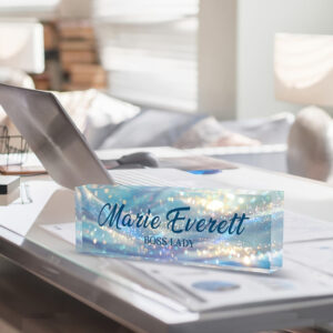Personalized Blue Floral Boss Lady Office Desk Name Plate