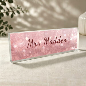 Personalized Pink Glitter Teacher Desk Name Plate