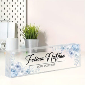 Personalized Blue Floral Office Manager Desk Name Plate