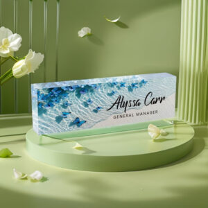 Personalized Blue Floral Butterfly General Manager Office Desk Name Plate