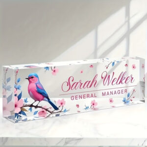 Personalized Pink Songbird Floral General Manager Office Desk Name Plate