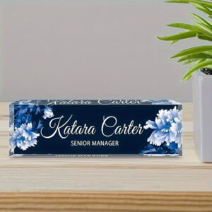 Personalized Navy Blue Floral Senior Manager Office Desk Name Plate