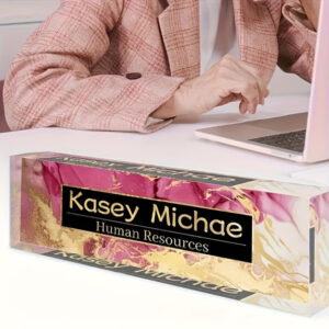 Personalized Pink Gold Marble Human Resources Office Desk Name Plate