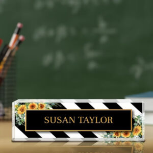 Personalized Black White Stripe Sunflower Teacher Desk Name Plate