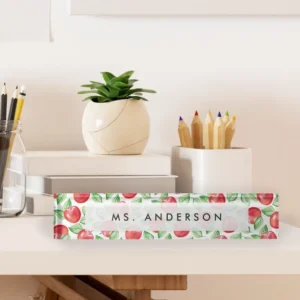 Personalized Watercolor Apple Pattern Teacher Desk Name Plate