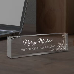 Personalized Elegant White Floral Line Art Acrylic Desk Name Plate