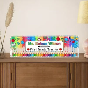 Personalized Rainbow School Tools & Pencils Acrylic Desk Name Plate