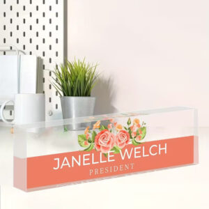 Custom Vintage Peach Roses Floral Acrylic Desk Name Plate