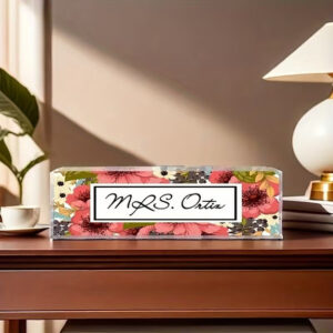 Custom Pink Floral Botanical Acrylic Desk Name Plate