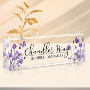Personalized Purple Flowers And Butterflies Acrylic Desk Name Plate