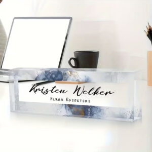 Personalized Abstract Blue Alcohol Ink Acrylic Desk Name Plate