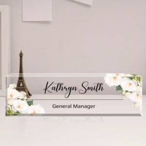 Personalized Elegant White Roses Floral Acrylic Desk Name Plate