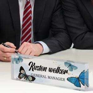 Personalized Blue Watercolor Butterflies Acrylic Desk Name Plate