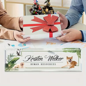 Personalized Cute Dogs And Green Leaves Acrylic Desk Name Plate