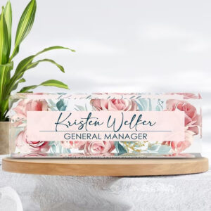 Custom Watercolor Pink Roses Floral Acrylic Desk Name Plate