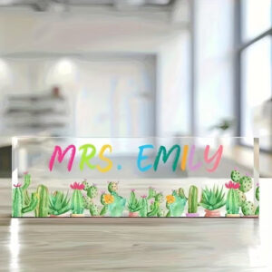 Personalized Watercolor Cactus And Succulent Acrylic Desk Name Plate