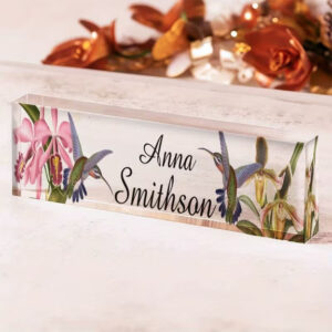 Personalized Hummingbird And Tropical Orchid Floral Acrylic Desk Name Plate